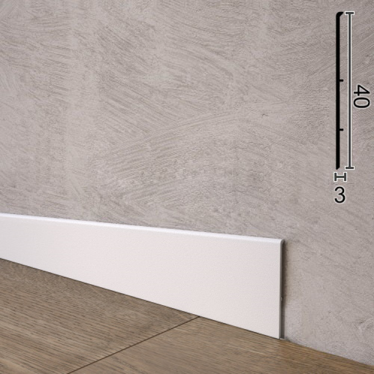 Белый алюминиевый плинтус напольный Sintezal P-102(4)W, 40x3x2500mm.