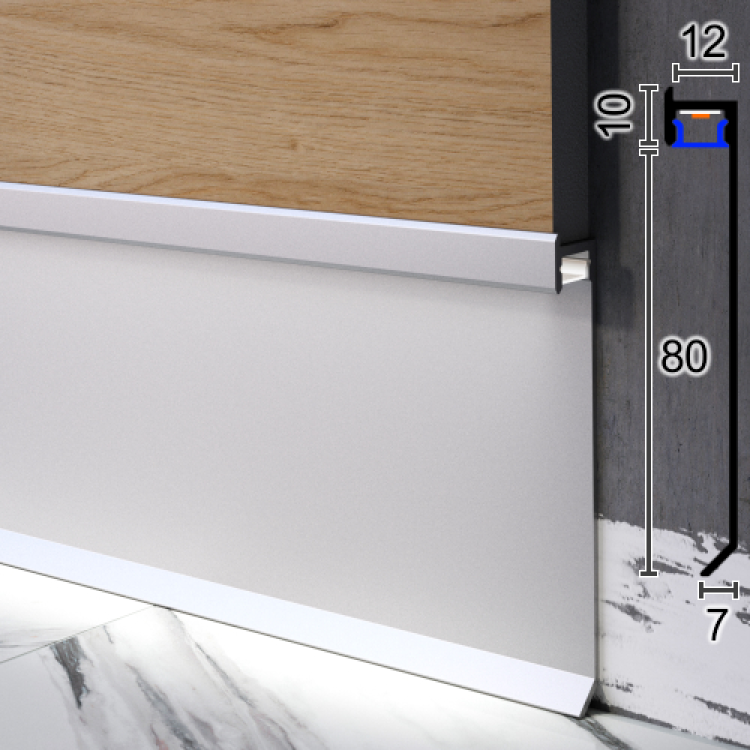 Скрытый плинтус алюминиевый плинтус с LED-подсветкой Sintezal P-115, 80х12х2500мм.