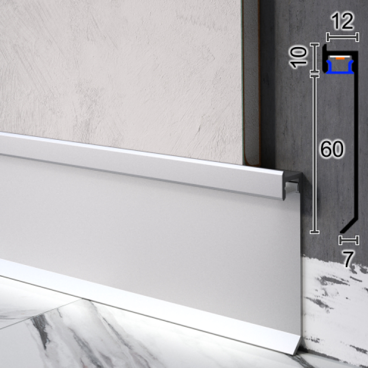 Встроенный алюминиевый плинтус с LED-подсветкой Sintezal P-116, 60х12х2500мм.